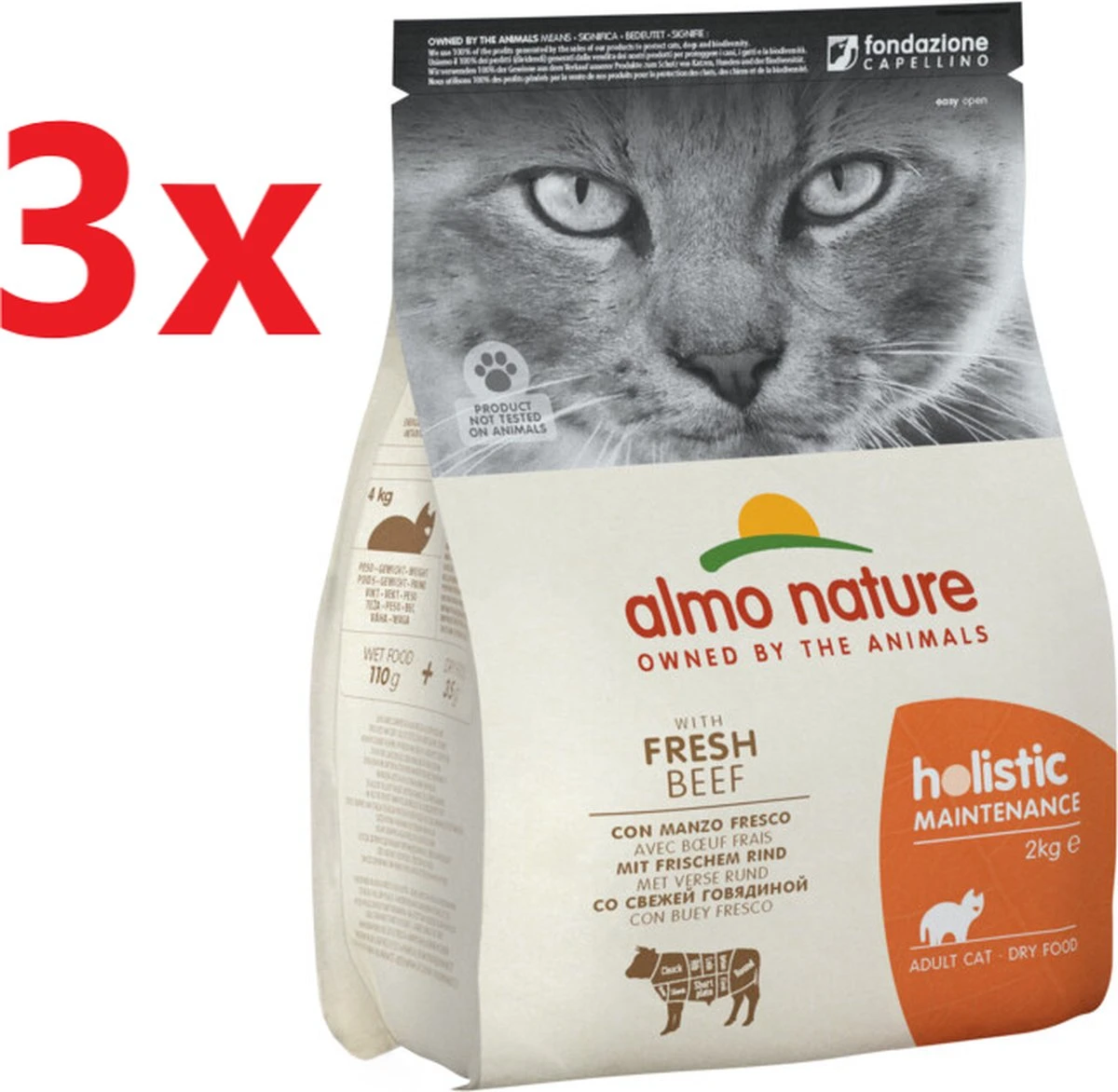 Almo Nature Holistic – Katten Droogvoer – Rund & Rijst – 3x2kg