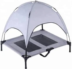 Dogs&Co Honden Ligbed Met Zonnedak Grijs 122x92x23 Cm Hoogte Incl Dak 108cm – Grote Hondenbed Stretcher Met UV Canopy – Hondenstretcher Met Zonnetent