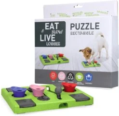 Eat Slow Live Longer Puzzel Rectangle – Intelligentie Speelgoed Voor Honden – Interactief Hondenspeelgoed – Uitdagende Hondenpuzzel – Gerecyclede Materialen – Te Vullen Met Snacks – 25x26x5 Cm – Groen