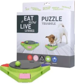 Eat Slow Live Longer Puzzel Triangle – Intelligentie Speelgoed Voor Honden – Interactief Hondenspeelgoed – Uitdagende Hondenpuzzel – Gerecyclede Materialen – Te Vullen Met Snacks – 25x25x4 Cm – Groen