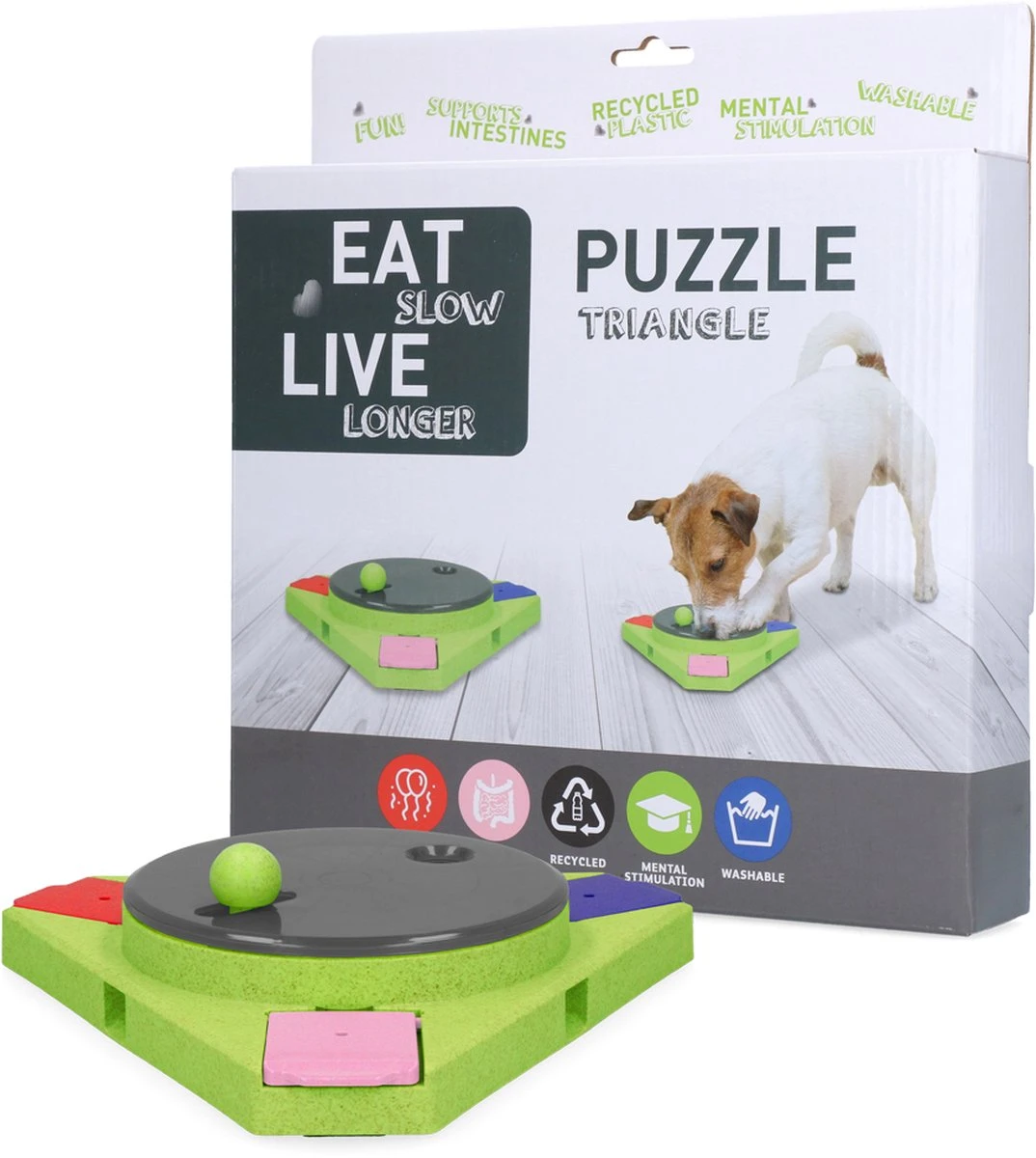 Eat Slow Live Longer Puzzel Triangle – Intelligentie Speelgoed Voor Honden – Interactief Hondenspeelgoed – Uitdagende Hondenpuzzel – Gerecyclede Materialen – Te Vullen Met Snacks – 25x25x4 Cm – Groen