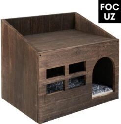 Focuz© Multifunctionele Houten Kattenmand – Kattenhuis – Nachtkastje – Kattenhok – Bruin – Inclusief Kussen – 47.3x35x42cm