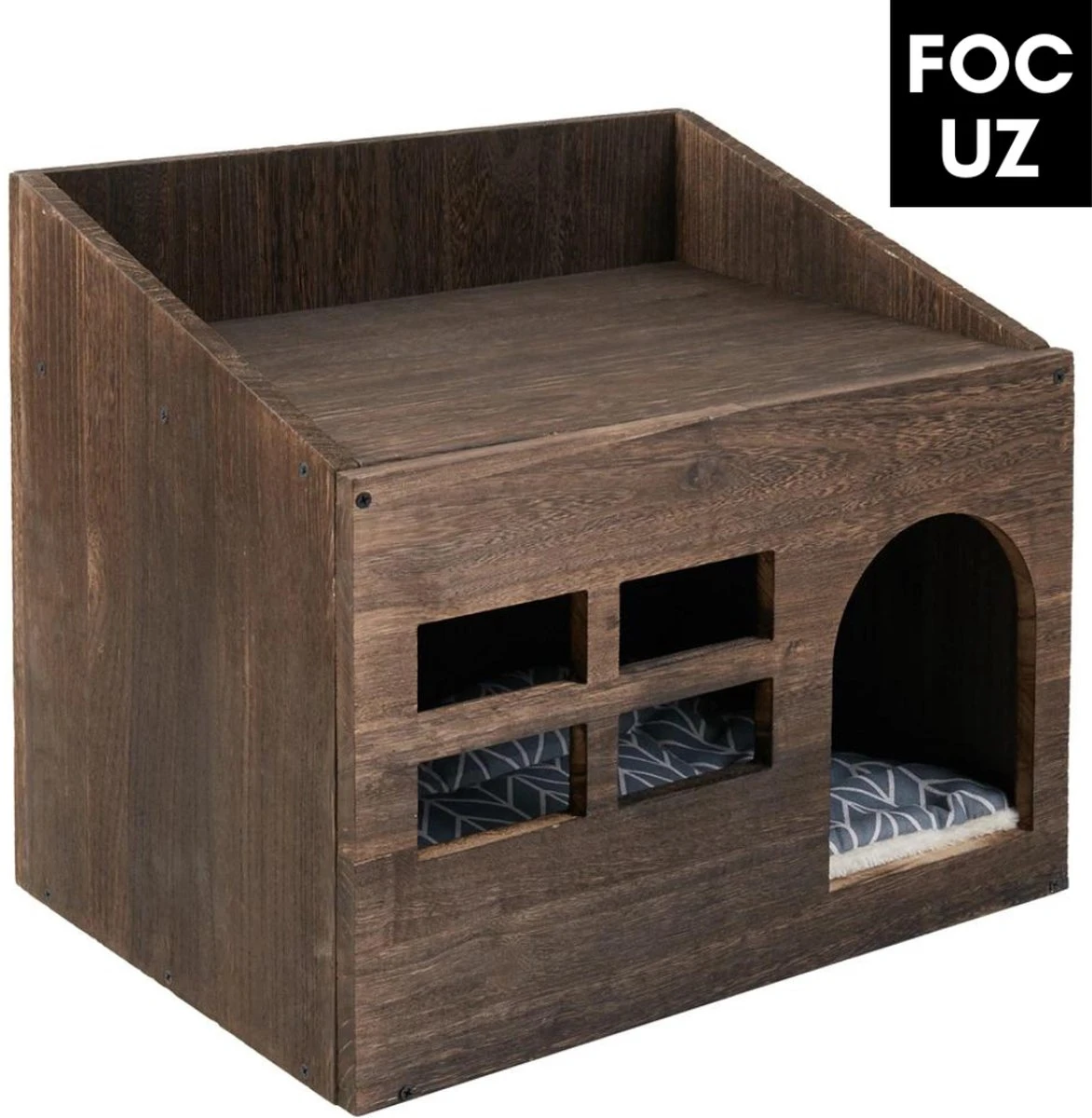 Focuz© Multifunctionele Houten Kattenmand – Kattenhuis – Nachtkastje – Kattenhok – Bruin – Inclusief Kussen – 47.3x35x42cm