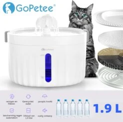Gopetee – Drinkfontein – Katten En Honden – 1.9 Liter – Incl 2 Actieve Koolstoffilters – Dieren Drinkbakken – Met Waterniveau Venster EN LED Verlichting – 2 Waterstroom Standen – Super Stil