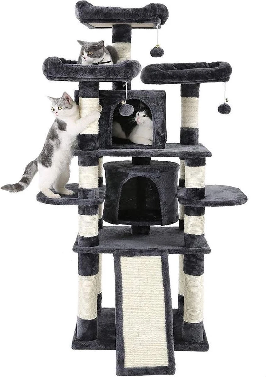 Grote Krabpaal, Krabpaal Met 3 Comfortabele Uitkijkplatforms, Kattenspeelgoed Met 2 Knuffelholen, Dikke Sisalpalen, Extra Krabplank, Stal, 172 Cm, Rookgrijs PCT18GYZ