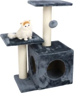 Intirilife Krabpaal Met Een Hoogte Van 70 Cm In Grijs – Stabiele Kattenkrabpaal, Klimboom Met Meerdere Niveaus Met Uitkijkplatforms, Grotten, Pluche Pom-poms En Sisal Krabpalen
