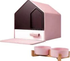 Kattenbak Villa Met Dubbele Voerbak En Kattenbakmat – Kat – Drinkbak – Modern En Stijlvol – Design – Roze