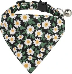 Kattensjaaltje – Bloemetjes Patroon – Zwart/Wit- Verstelbaar Katten Halsbandje – Kleding Voor Katten – Strikje – Kattenbandje – Kitten