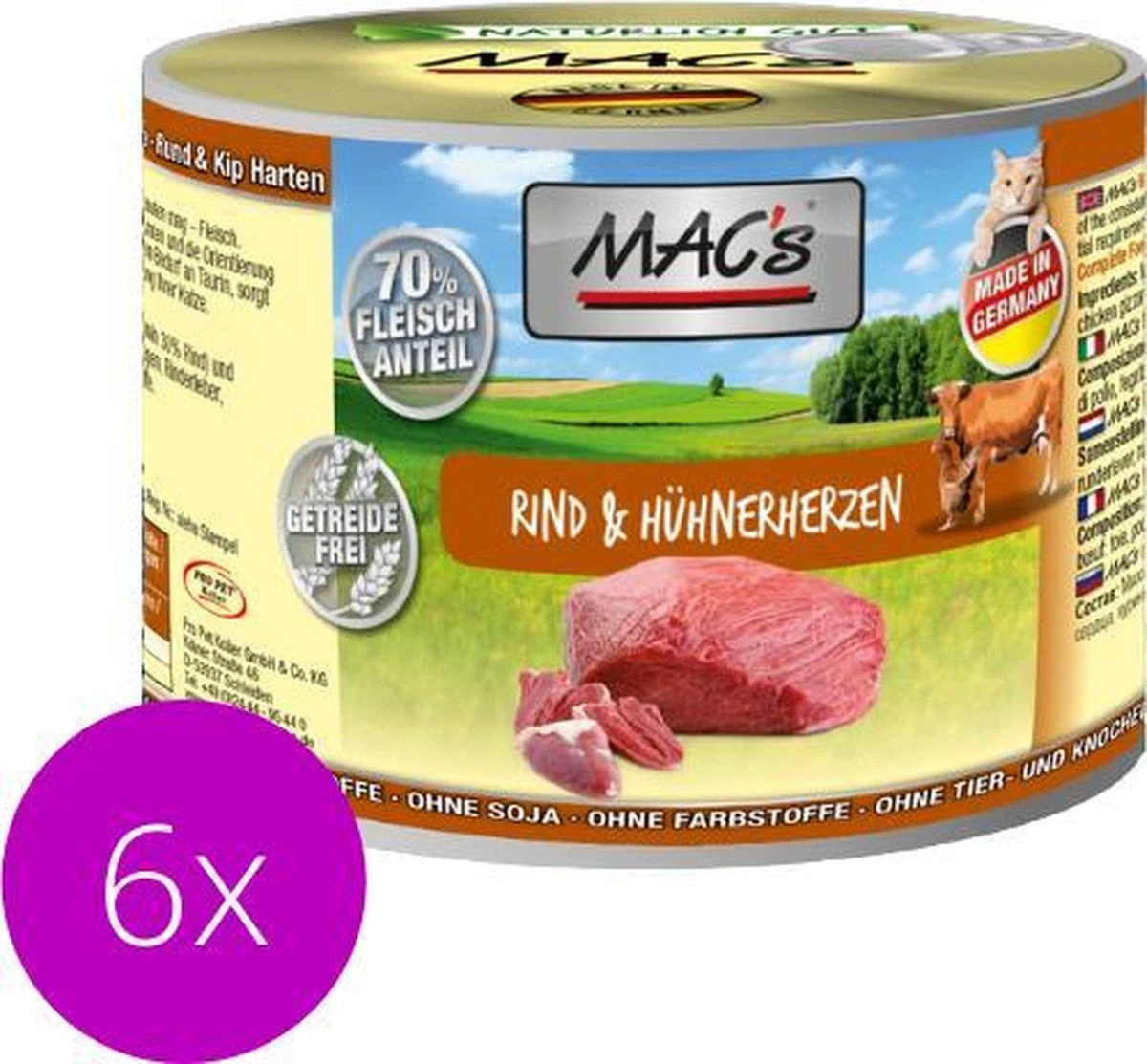 MAC’s Kattenvoer Natvoer Blik 70% Rund & Kippenhart 6 X 200g