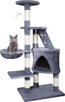 MC Star Krabpaal 120cm Stabiele Klimtoren Met Condo, Hangmat, Platforms, Kattenspeelgoed, Sisal – Grijs, 120cm