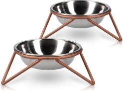 Navaris Verhoogde Voerbakken Met Standaard – Luxe Roestvrij Stalen Voer- En Drinkbak Voor Kat En Hond – 2 Stuks – Uitvoering In Zilver Met Rosé Goud