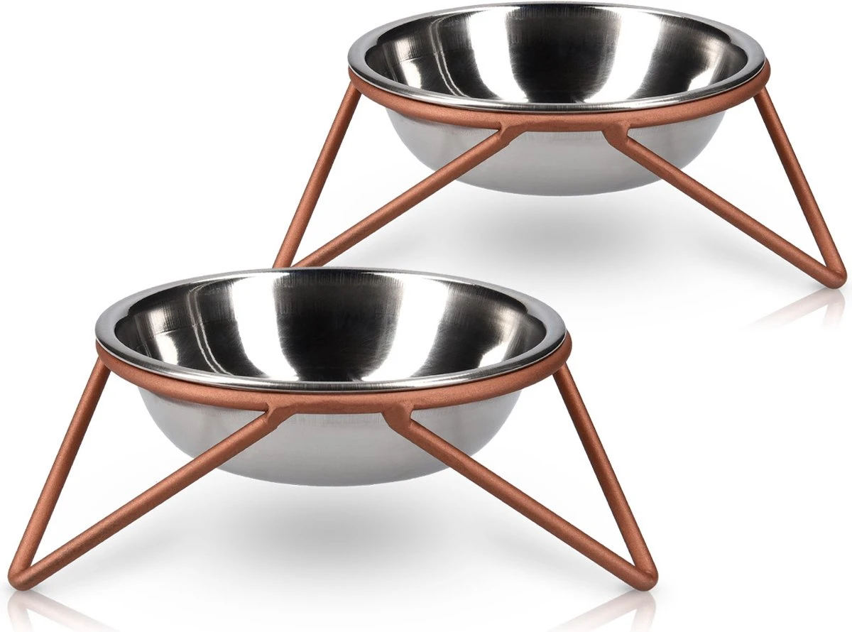 Navaris Verhoogde Voerbakken Met Standaard – Luxe Roestvrij Stalen Voer- En Drinkbak Voor Kat En Hond – 2 Stuks – Uitvoering In Zilver Met Rosé Goud