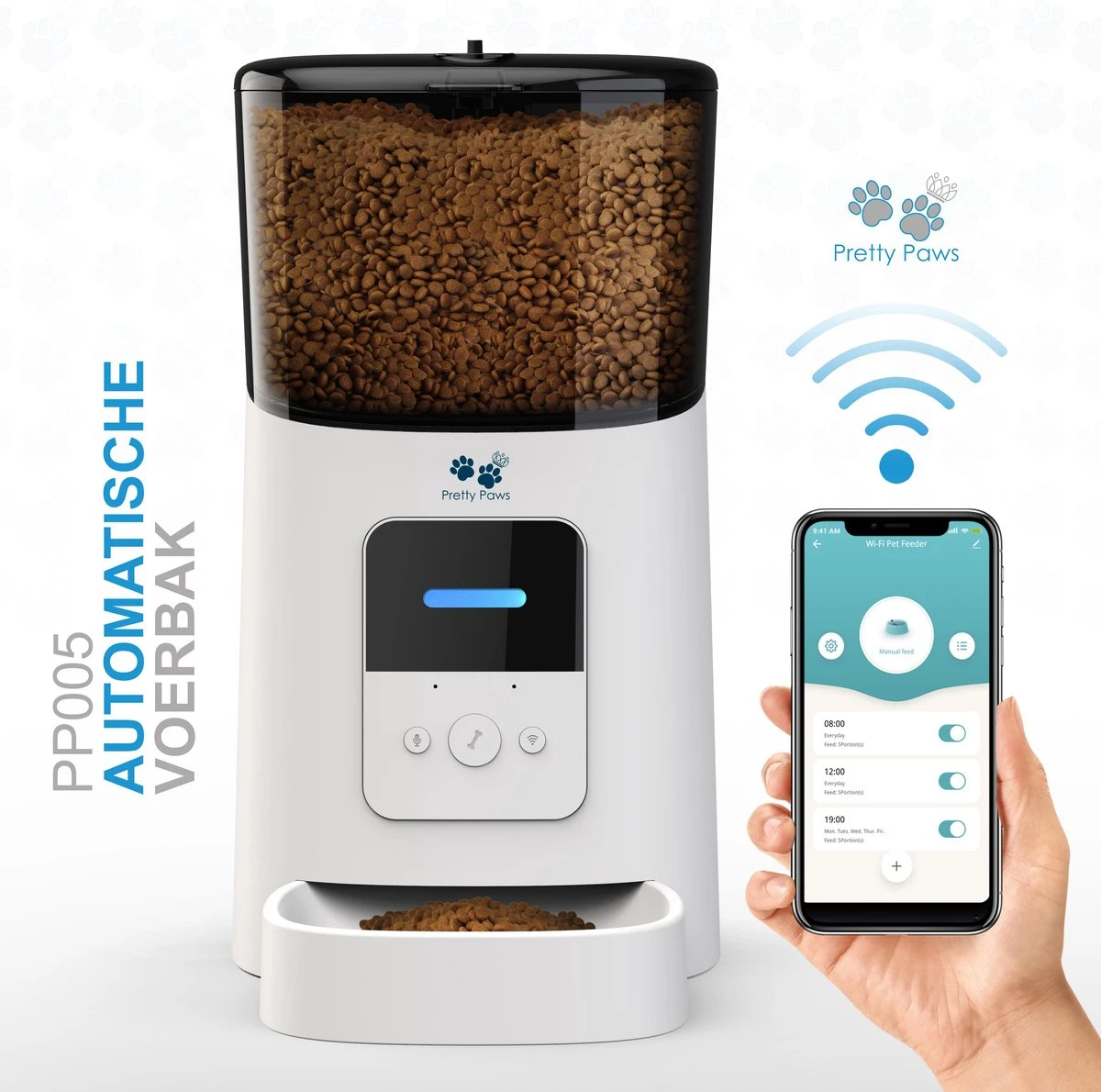 Pretty Paws PP005 Wifi Voerautomaat Wit – Automatische Voerbak – Slimme Voerautomaat Met App – Instelbaar Voedingsschema – WIFI
