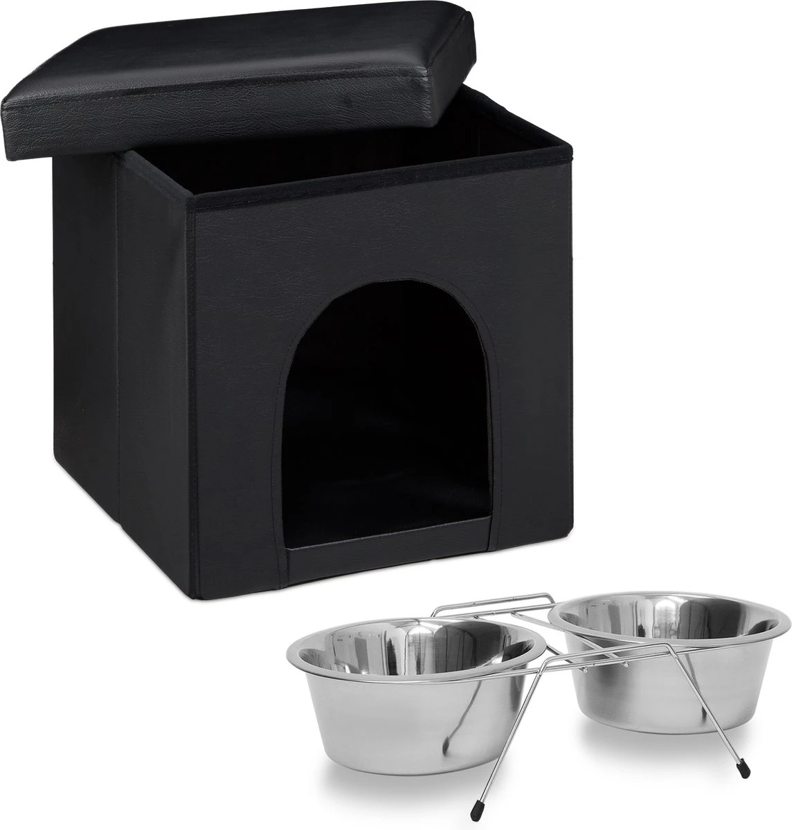 Relaxdays 2er Home Sweet Hond Set – Hondenmand – Zwarte Poef – Voerbakken – Voederbak