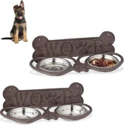 Relaxdays 2x Voerbak Hond – Met Standard – Rvs – Hondenvoerbak Wand – Dubbel – Gietijzer