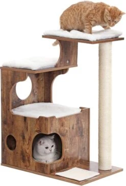 SIGNATURE HOME – Zoo Krabpaal – Kattenkrabpaal Met 3 Ligvlakken En Grot – Kattenboom Van Hout En Sisalstam – Wasbare Pads Van Imitatiebont – Vintage Bruin, Wit – 88 Cm