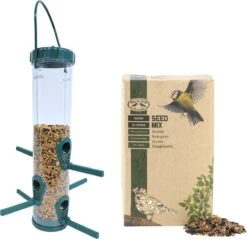 Vogel Voedersilo Groen/transparant Kunststof 33 Cm Inclusief Vogelvoer – Vogel Voederstation – Vogelvoederhuisje