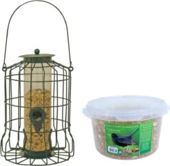 Vogel Voedersilo Voor Kleine Vogels Metaal Groen 36 Cm Inclusief 4-seizoenen Mueslimix Vogelvoer – Vogel Voederstation