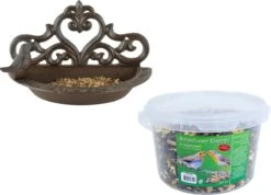 ESSCHERT DESIGN Wand Vogel Voederbak/drinkbak Gietijzer 24 Cm Inclusief 4-seizoenen Energy Vogelvoer – Vogel Voederstation – Vogelvoederhuisje