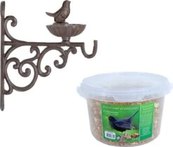 ESSCHERT DESIGN Wand Vogel Voederbak/drinkbak Met Haak Gietijzer 19 Cm Inclusief 4-seizoenen Mueslimix Vogelvoer – Vogel Voederstation