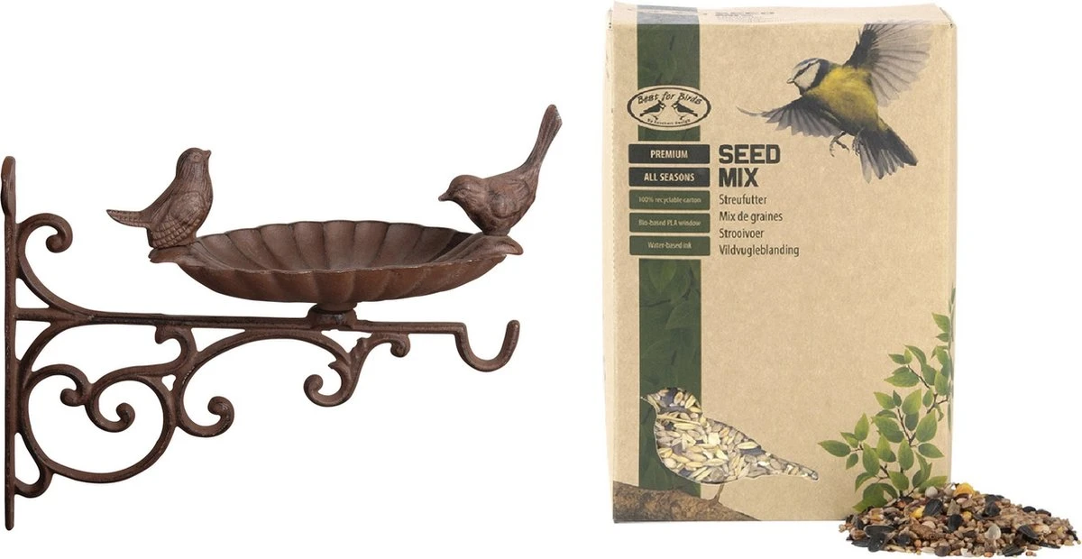 Wand Vogelbad/voederschaal Gietijzer 28 Cm Met 2.5 Kilo Vogelvoer