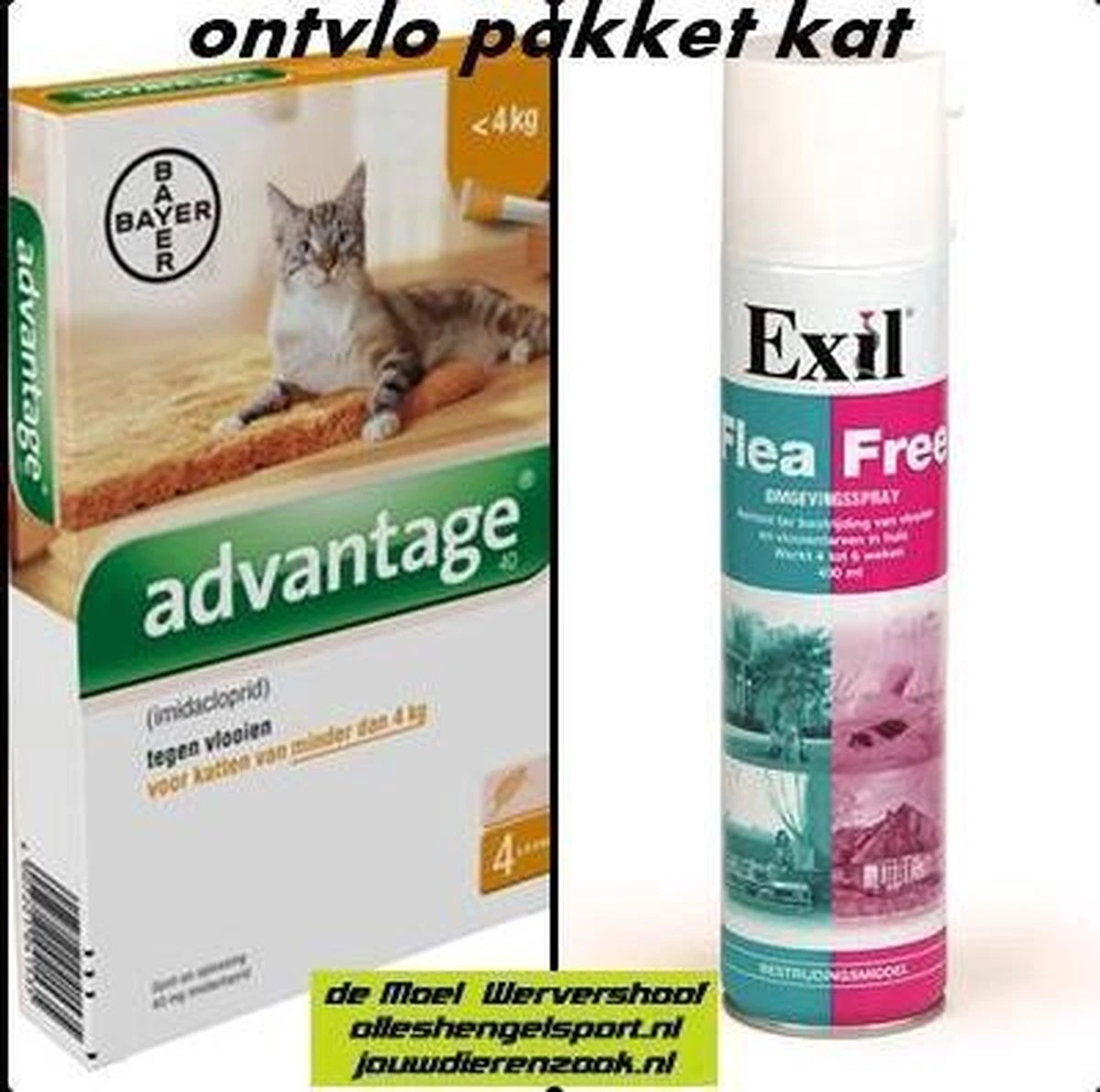 Anti Vlooien Pakket Voor De Kat Tot 4 Kg – Exil Flea Free Omgevingsspray + 4 Pipetten Advantage Kat 40
